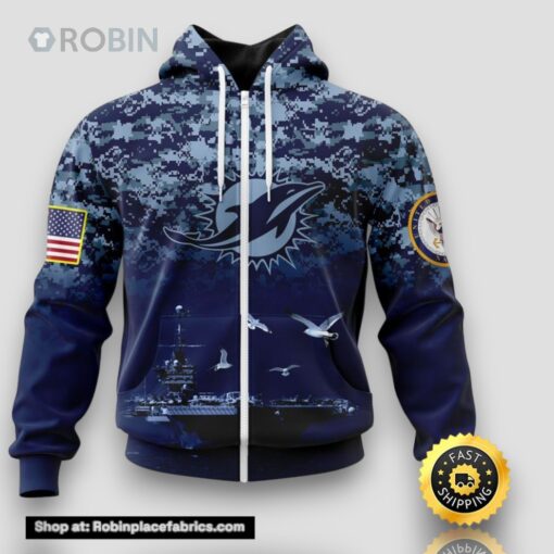 NFL Miami Dolphins Zip Hoodie 3D Honor US Navy Veterans Stylish Gear For Fans