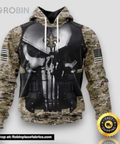 NFL New Orleans Saints 3D Hoodie All Over Print Punisher Skull Camouflage Veteran Kits Custom Name And Number Hoodie