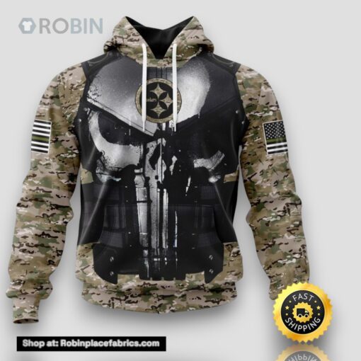 NFL Pittsburgh Steelers 3D Hoodie All Over Print Punisher Skull Camouflage Veteran Kits Custom Name And Number Hoodie