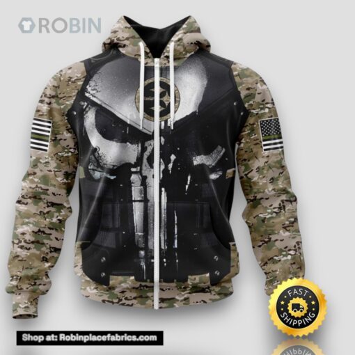 NFL Pittsburgh Steelers Zip Hoodie 3D All Over Print Punisher Skull Camouflage Veteran Kits Custom Name And Number Hoodie