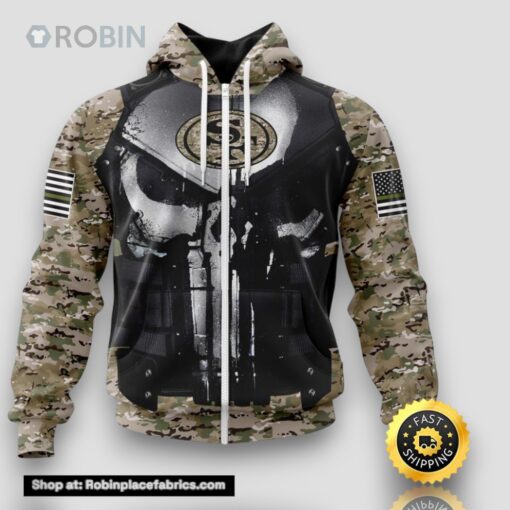 NFL San Francisco 49ers Zip Hoodie 3D All Over Print Punisher Skull Camouflage Veteran Kits Custom Name And Number Hoodie