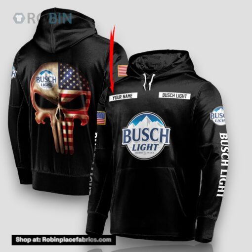 Personalized Black USA Flag Skull Busch Light Hoodie