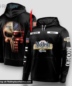 Personalized Black USA Flag Skull Cerveza Modelo Hoodie
