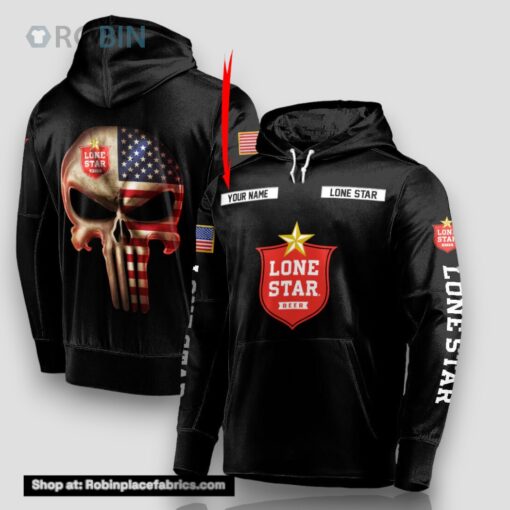 Personalized Black USA Flag Skull Lone Star Beer Hoodie