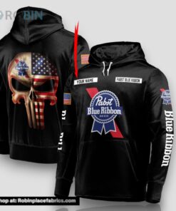 Personalized Black USA Flag Skull Pabst Blue Ribbon Hoodie