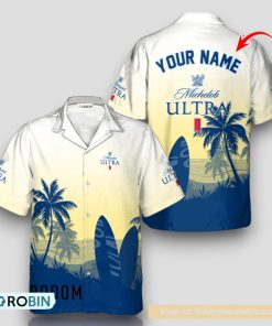 Personalized Michelob ULTRA Palm Tree Surfboard Hawaiian Shirt Personalized Michelob ULTRA Palm Tree Surfboard Hawaiian Shirt