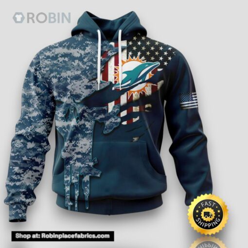 Personalized NFL Miami Dolphins Hoodie Special Navy Camouflage Veteran Design 3D Hoodie Unisex Hoodie