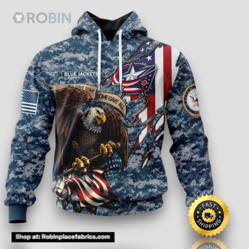 Personalized NHL Columbus Blue Jackets Honor US Navy Veterans All Over Print 3D Hoodie Gift For Veterans Day