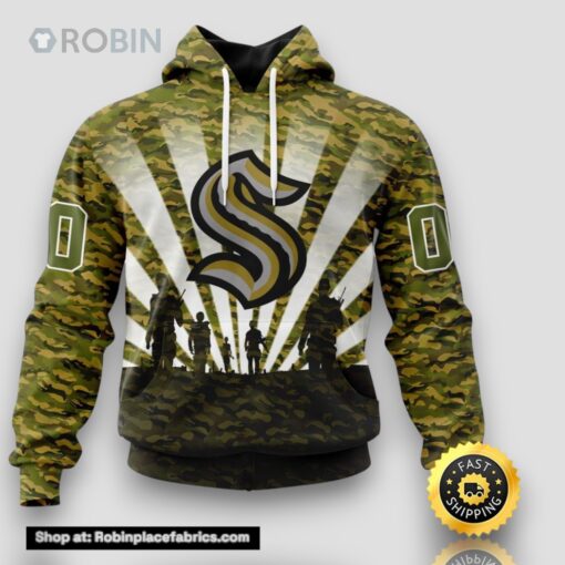 Personalized NHL Seattle Kraken All Over Print 3D Hoodie Military Camouflage Kits For Veterans Day And Rememberance Day