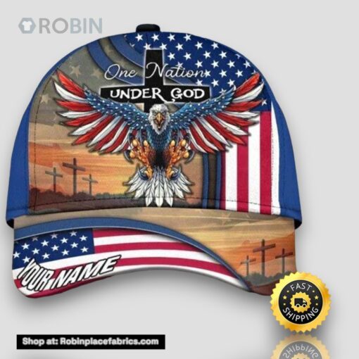 Personalized One Nation Under God Jesus And Eagle BLue All Over Print Baseball Cap A Great Gift For Veterans Day