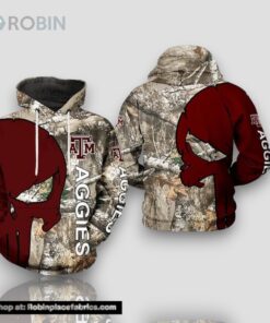 Texas A&M Aggies Camouflage Veteran Hunting and Punisher Skull 3D Hoodie Texas A&M Aggies Gifts For Her