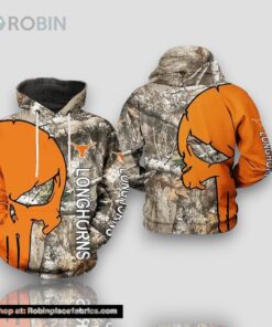 Texas Longhorns Camouflage Veteran Hunting and Punisher Skull 3D Hoodie Texas Longhorns Gift Ideas For Him