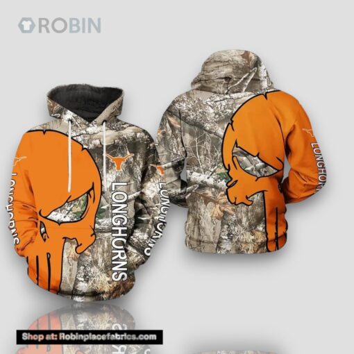 Texas Longhorns Camouflage Veteran Hunting and Punisher Skull 3D Hoodie Texas Longhorns Gift Ideas For Him