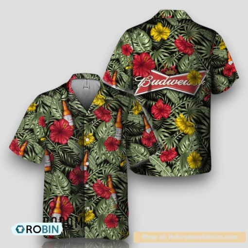 Tropical Flower With Palm Leaves Budweiser Hawaiian Shirt