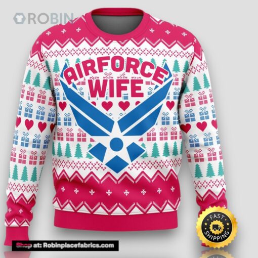 Unifinz Veteran Sweater Air Force Wife Christmas Pattern White Pink Veteran Christmas Ugly Sweater