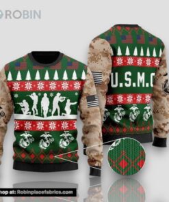 Unifinz Veteran Sweater United States Marine Corps Camouflage Green Veteran Christmas Ugly Sweater