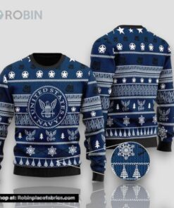Unifinz Veteran Sweater United States Navy Stars Christmas Pattern Blue Ugly Sweater
