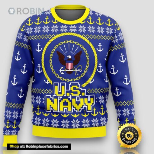 Unifinz Veteran Sweater Us Navy Anchor Pattern Blue Yellow Veteran Christmas Ugly Sweater