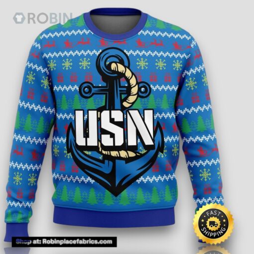 Unifinz Veteran Sweater Us Navy Anchor Veteran Christmas Pattern Blue Ugly Sweater