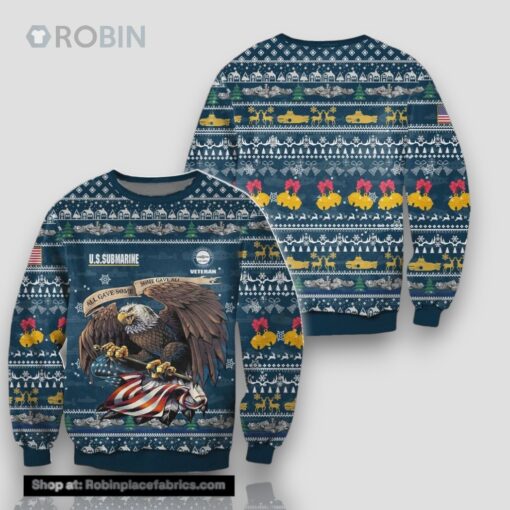Unifinz Veteran Sweater Us Submarine Veteran Eagle Christmas Pattern Blue Ugly Sweater