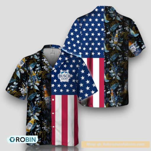 US Flag Busch Light Tropical Flowers Hawaiian Shirt
