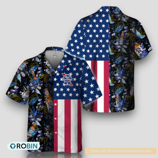 US Flag Pabst Blue Ribbon Tropical Flowers Hawaiian Shirt