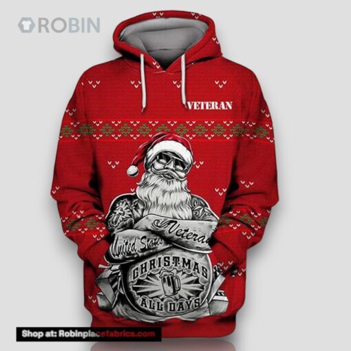 Us Veteran Santa Claus Christmas All Day 3D Hoodie