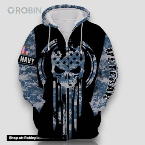 Veteran American Military Black Skull Navy Veteran 3D Hoodie All Over Printed