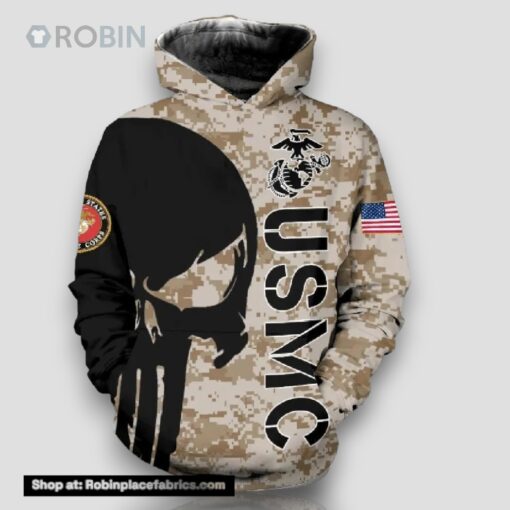 Veteran American Military USMC Marines Black Skull On Left 3D Hoodie All Over Printed