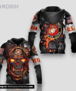 Veteran Fire Skull United States Marine 3D Hoodie All Over Printed