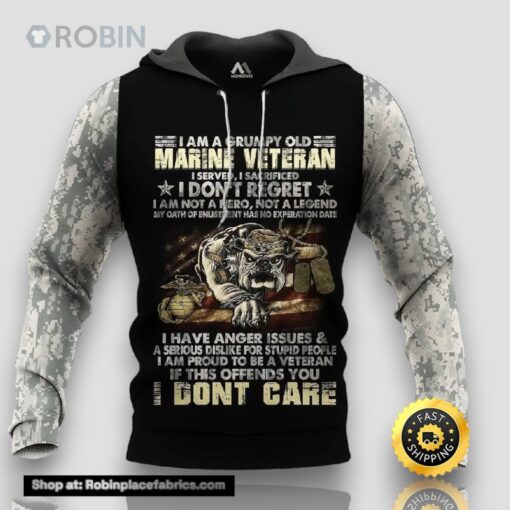 Veteran I’m A Grumpy Old Marine Veteran Don’t Care 3D Hoodie All Over Printed