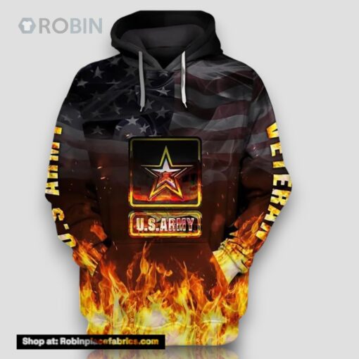 Veteran Military US Army Veteran Army Symbol On Fire 3D Hoodie All Over Printed