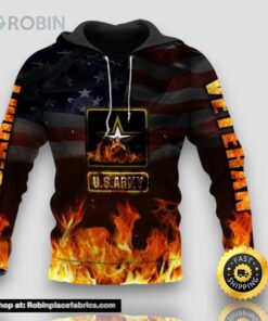 Veteran Military US Army Veteran Fire Flag 3D Hoodie All Over Printed