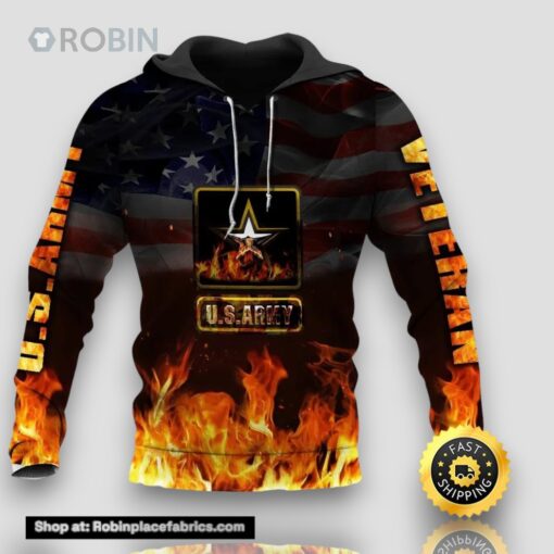Veteran Military US Army Veteran Fire Flag 3D Hoodie All Over Printed