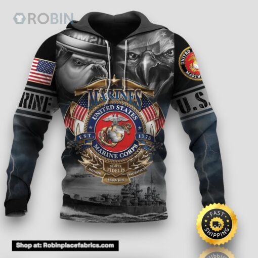 Veteran United States Marine Corps Semper Honor Bull Dog 3D Hoodie All Over Printed