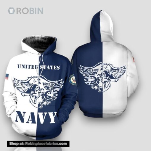 Veteran United States Navy Eagle Anchor Blue White 3D Hoodie All Over Printed