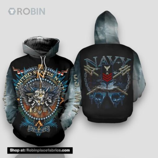 Veteran United States Navy US Navy Veteran Blue Skull 3D Hoodie All Over Printed