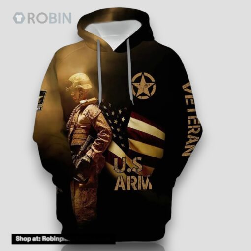 Veteran US Army Veteran Flag Behind Soldier 3D Hoodie All Over Printed