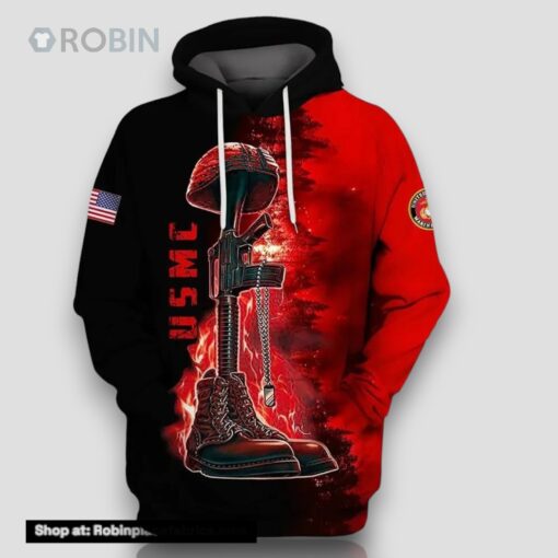 Veteran USMC Marines Veteran Black And Red Fire 3D Hoodie All Over Printed