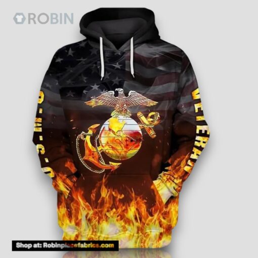 Veteran USMC Veteran Marines Symbol On Fire 3D Hoodie All Over Printed
