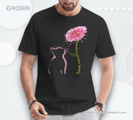 Breast Cancer Awareness Pink Ribbon Daisy Flower Cat Lovers Unisex Shirt