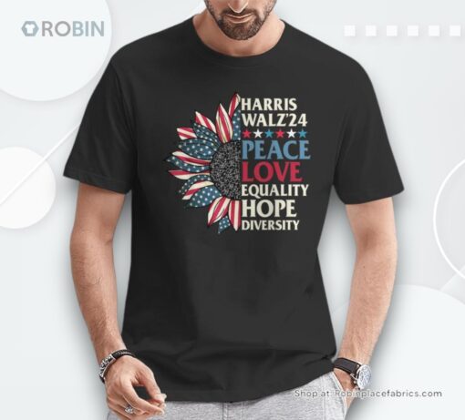 Harris Waltz 2024 Peace Love Equality Hope Us Flag Sunflower Unisex Shirt