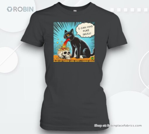 I Can Has Puke Skull Black Cat Puking Acid Onto Human Skull Unisex Shirt