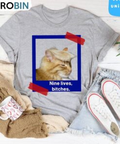 New Rare Nine Lives Bitches Shirt, Funny Trump Cat Short Sleeve Crewneck