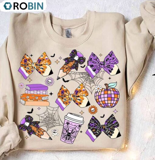 Teacher Halloween Pencil Unisex Hoodie, Halloween Coquette Bow Long Sleeve Tee Tops
