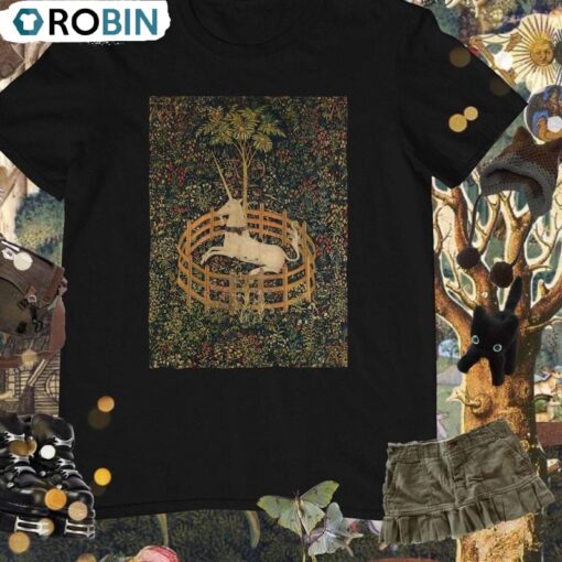 Unicorn In Captivity T Shirt , Trendy Bull Medieval Tapestry Art Long Sleeve Tee Tops