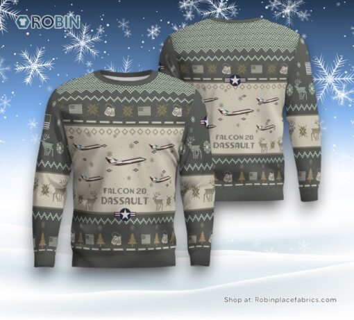 Air Force Ugly Christmas Sweater, Dassault Falcon 20 Aircraft Ugly Christmas Sweater