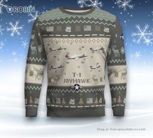 Air Force Ugly Christmas Sweater, T 1 Jayhawk T1 USAF Aircraft Ugly Christmas Sweater