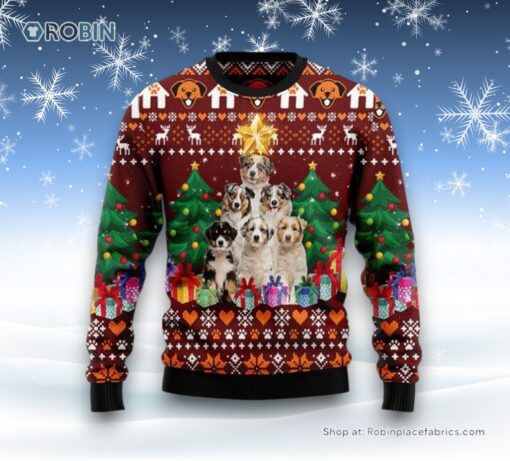 Australian Shepherd Pine Tree Ugly Christmas Sweater, Christmas Gift For Dog Love