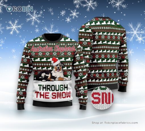 Australian Shepherds Through The Snow Christmas Ugly Sweater, Christmas Gift For Dog Love